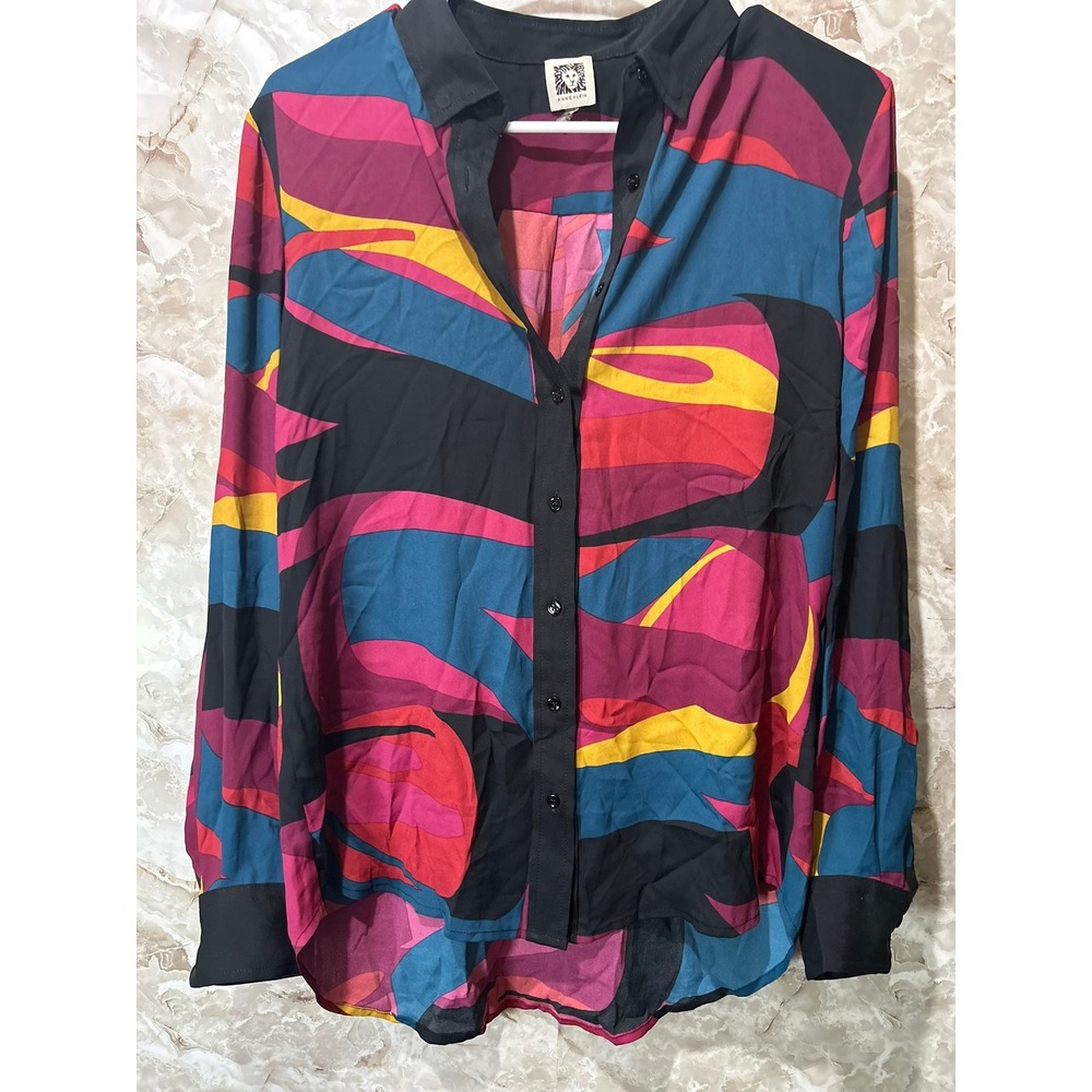 Anne Klein Abstract Geometric Print Button Down Blouse Multicolor Size 10